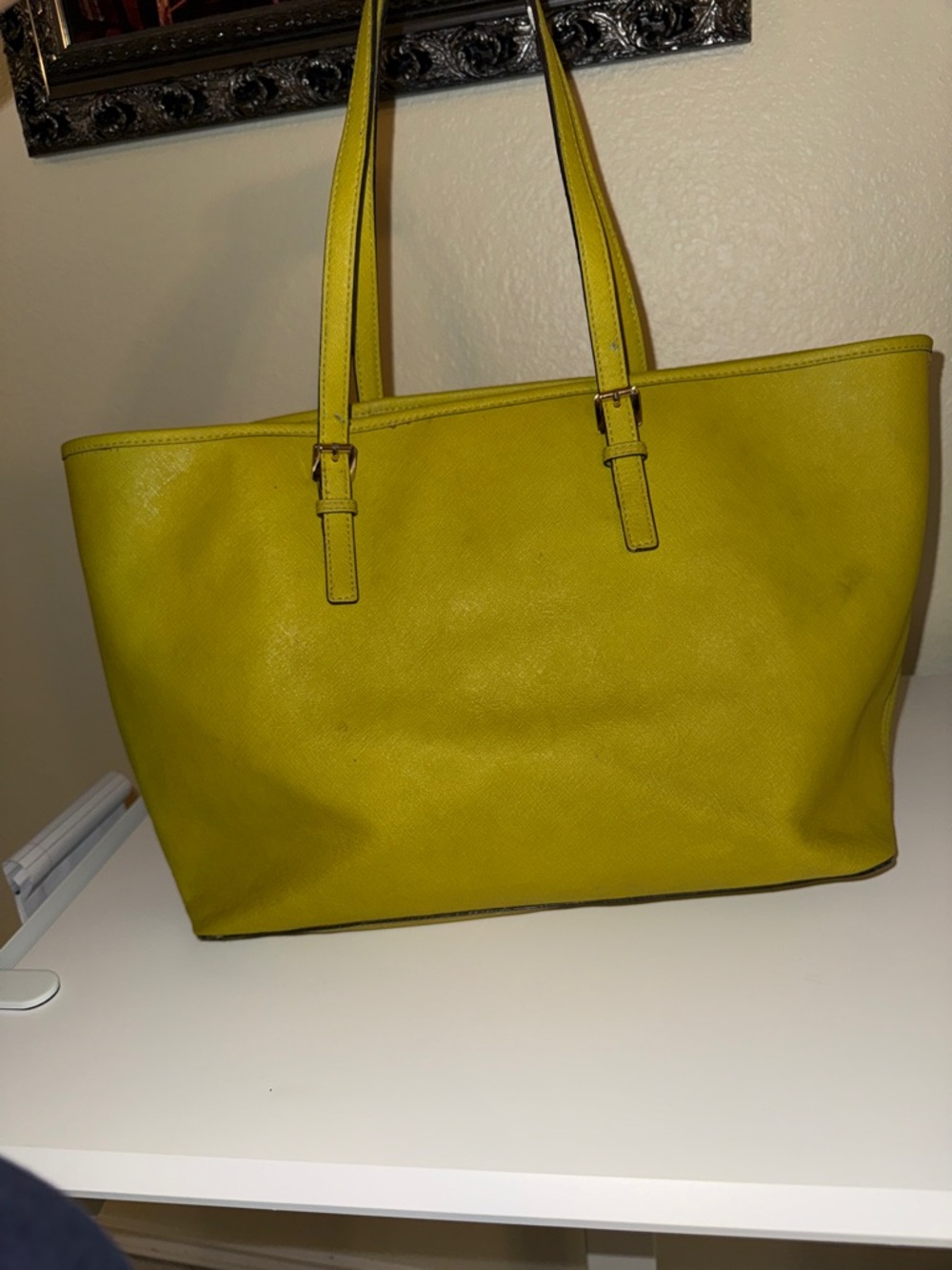 Michael Kors Chartreuse Leather Tote with MK Charm - Picture 2 of 6